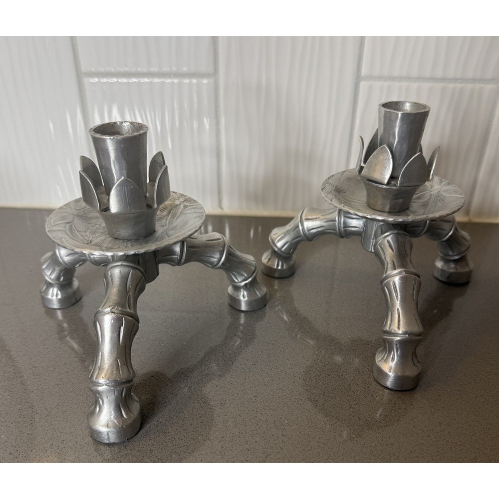 Vintage Cast Aluminum Bamboo Candle Holders Pair Tripod Hoof Feet Lotus Set of 2
